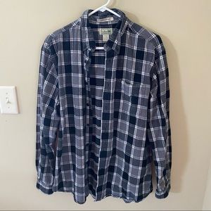 L.L. Bean Black Gray Plaid Flannel Button Up Shirt